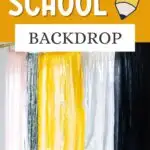 Pinterest graphic with photo and text that reads "Cheap DIY back to school backdrop."