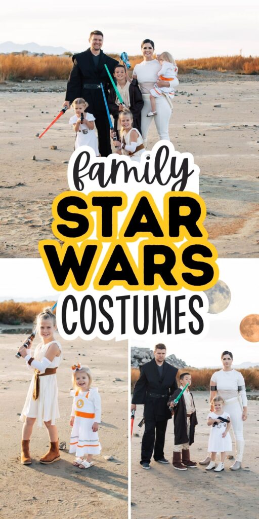 Pinterest graphic with photo collage and text that reads "family star wars costumes."