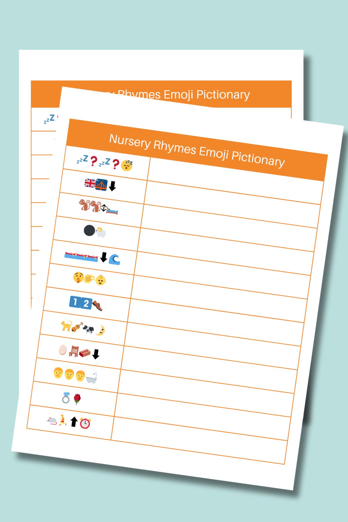 Nursery Rhymes Emojis Pictionary printables on a blue background.