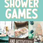 Pinterest graphic with text that reads "Creative Baby Shower Games and Activities" and a collage of ideas.