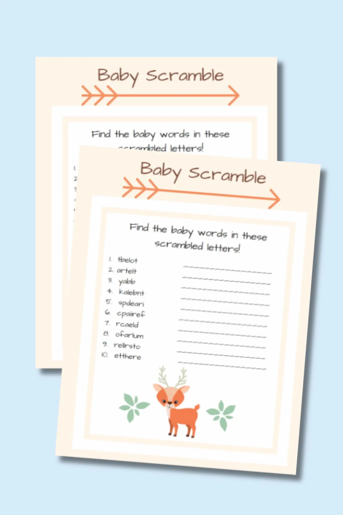 Baby shower word scramble printables on blue background.