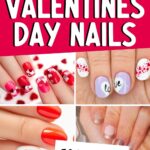Pinterest graphic with text that reads "Cute + Trendy Short Valentine's Day Nails for 2024" and a collage of nail designs.