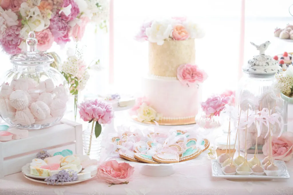 Dessert table with decorated with florals and sweets like a cake, cookies, and macarons.