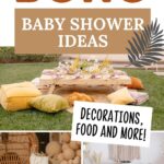 Pinterest graphic with text that reads "Adorable Boho baby Shower Ideas: Decorations, Food, and More" and a collage of party ideas.