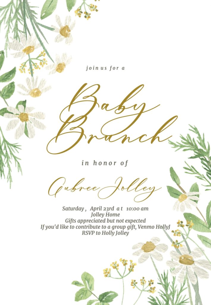 A baby shower invitation with gold writing and daisies.