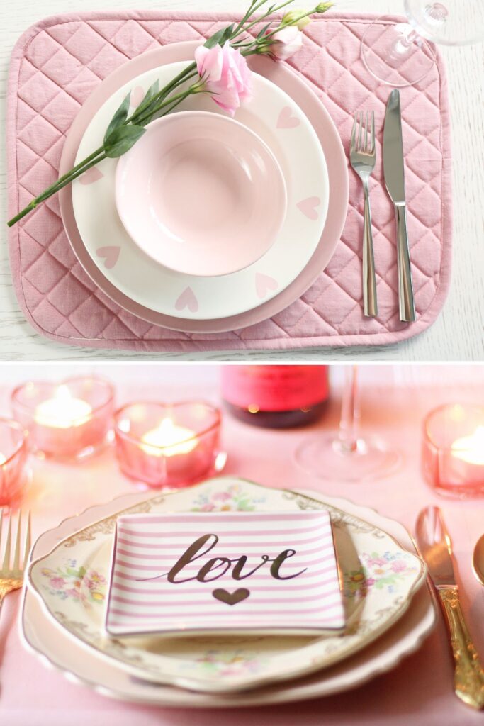 Collage of two pink table setting ideas for a Galentines party.