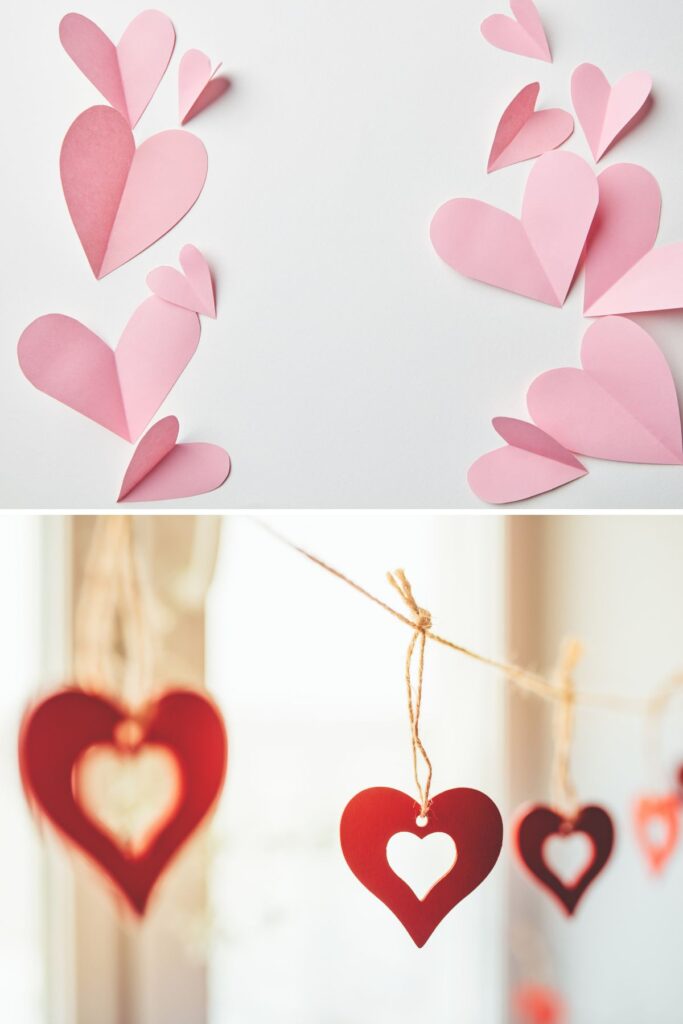Collage of two DIY paper heart decoration ideas including garland and wall decor for a Galentines party.
