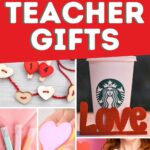 Pinterest graphic with text that reads "Inexpensive Valentine's Day Teacher Gifts" and a collage of gift ideas.