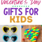 Pinterest graphic with text that reads "Valentine's Day Gifts for Kids" and a collage of gift ideas.
