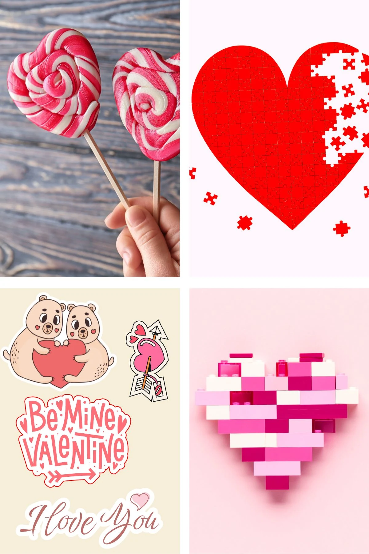 Collage of Valentine's Day party favors, including lollipops, a puzzle, stickers, and Legos.