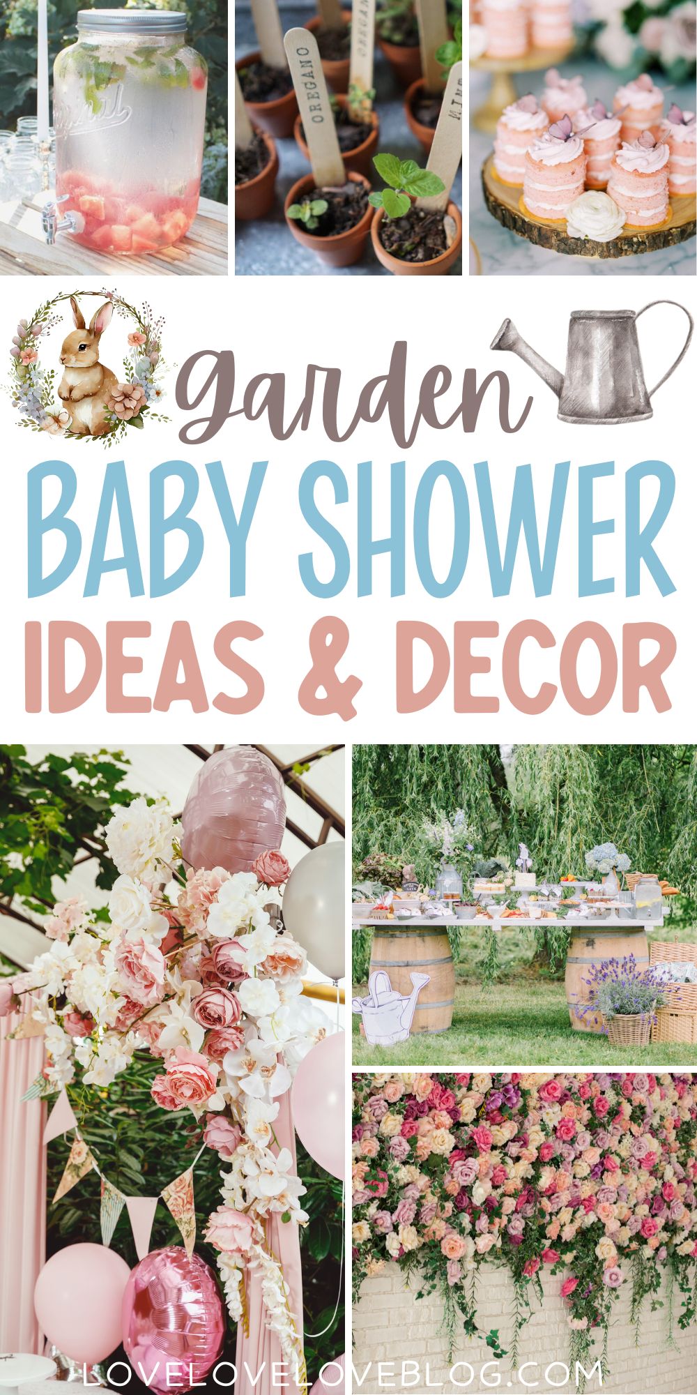 Pinterest graphic with text that reads "Garden Baby Shower Ideas and Decor" and a collage of party ideas.