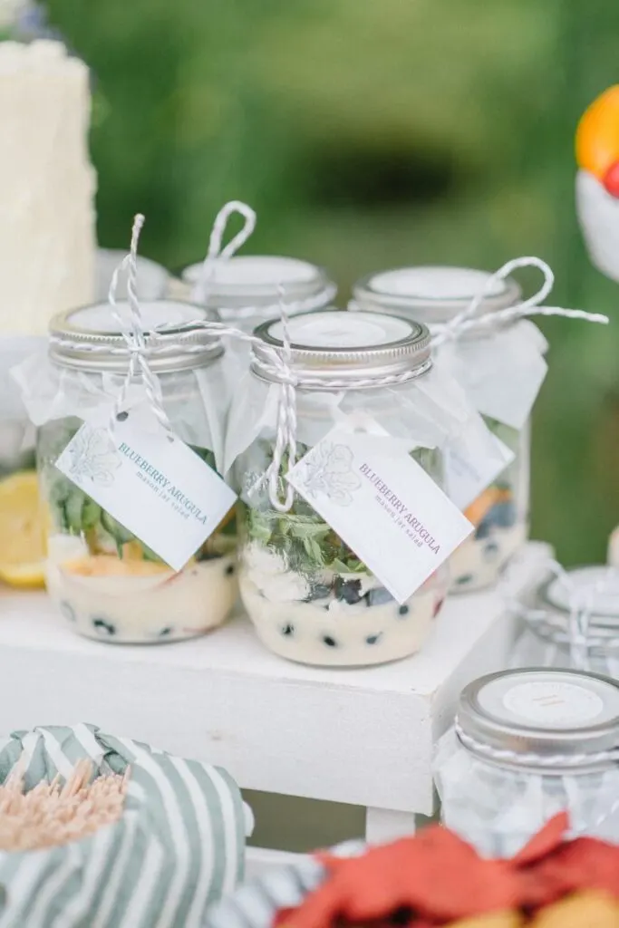 Garden baby shower party favors in mason glass jars.